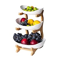 Ceramic Fruits Bowls - White 3 Tier Oval Bowl Set with Natural Bamboo Rack, Tiered Ceramic Serving Tray Set for Sushi, Dessert, Fruit, Vegetables, Appetizer, Cake, Candy, Chip Dip (White)