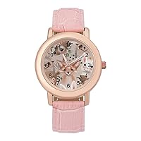 Floral Deer Bunny Hedgehog Bear and Fox Womens Watch Round Printed Dial Pink Leather Band Fashion Wrist Watches