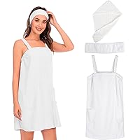 QZUnique Bath Wrap Towel with Straps Women Shower Robes Turban&Headband Bathrobe Dress with Straps Adjustable Closure