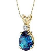PEORA Created Alexandrite with Genuine Diamond Pendant for Women 14K Yellow Gold, 2.55 Carats total, Color-Changing Pear Shape