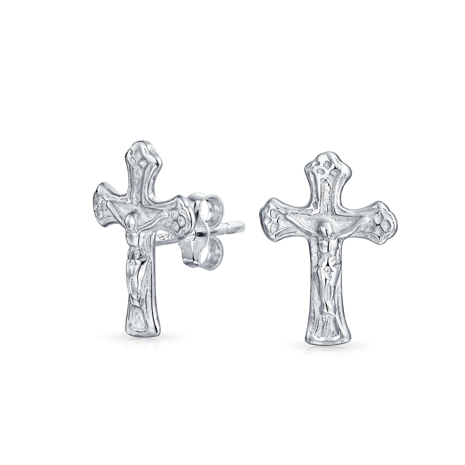 Catholic Crucifix Cross Religious Tiny Stud Earrings For Women For Men Teen Communion Gift .925 Sterling Silver