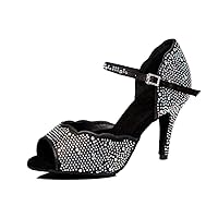 Women's Peep Toe Ankle Strap Ruffles Satin Rhinestones Latin Dance Shoes Wedding Party Sandals