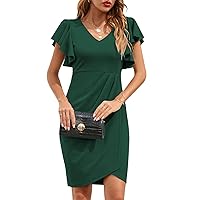 IHOT Women's V Neck Ruffle Sleeve Bodycon Sheath Wrap Ruched Casual Cocktail Party Work Dresses