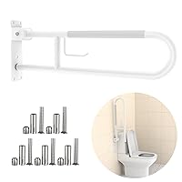 Toilet Grab Bar 30.3 Inch, YuanDe White Anti-Slip Support Rail, U Shaped Flip-Up Grab Bar with Paper Holder, Stainless Steel Knurled Handicap Safety Handrails for Disabled Elderly Pregnant