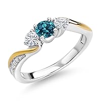 925 Silver and 10K Yellow Gold London Blue Topaz Moissanite from Charles & Colvard and Lab Grown Diamond 3 Stone Engagement Ring For Women (0.56 Cttw, November Birthstone, Available In Size 5,6,7,8,9)