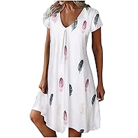 Floral Dress for Women Swing Summer Dress Short Sleeve Beach Dress V Neck Vacation Dresses Flowy T Shirt Sundress
