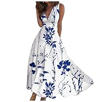 Summer Dresses for Women 2024, Ruched High Waisted Solid Sexy Long Cocktail Dress V-Neck Casual Sleeveless Dresses