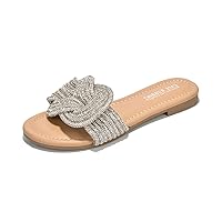 Cape Robbin Jeffer Slide Sandals Women - Open Toe Sparkly Sandals for Women - Summer Flat Sandals for Women - Womens Sandals Dressy with Rhinestone-Embellished Knot