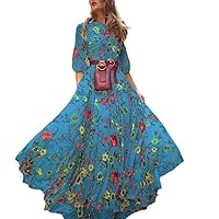 RanRui Floral Print Half sleecve Maxi Dress Spring and Summer Womens Printed Chiffon Slim-fit Fashion Long Dress