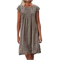 Women's Linen Tunic Dress Summer Short Sleeve Knee Length Dresses for Women 2023 Casual Swing Sundress Trendy Dress