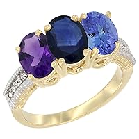 Silver City Jewelry 14K Yellow Gold Natural Amethyst, Blue Sapphire & Tanzanite Ring 3-Stone 7x5 mm Oval Diamond Accent, Sizes 5-10