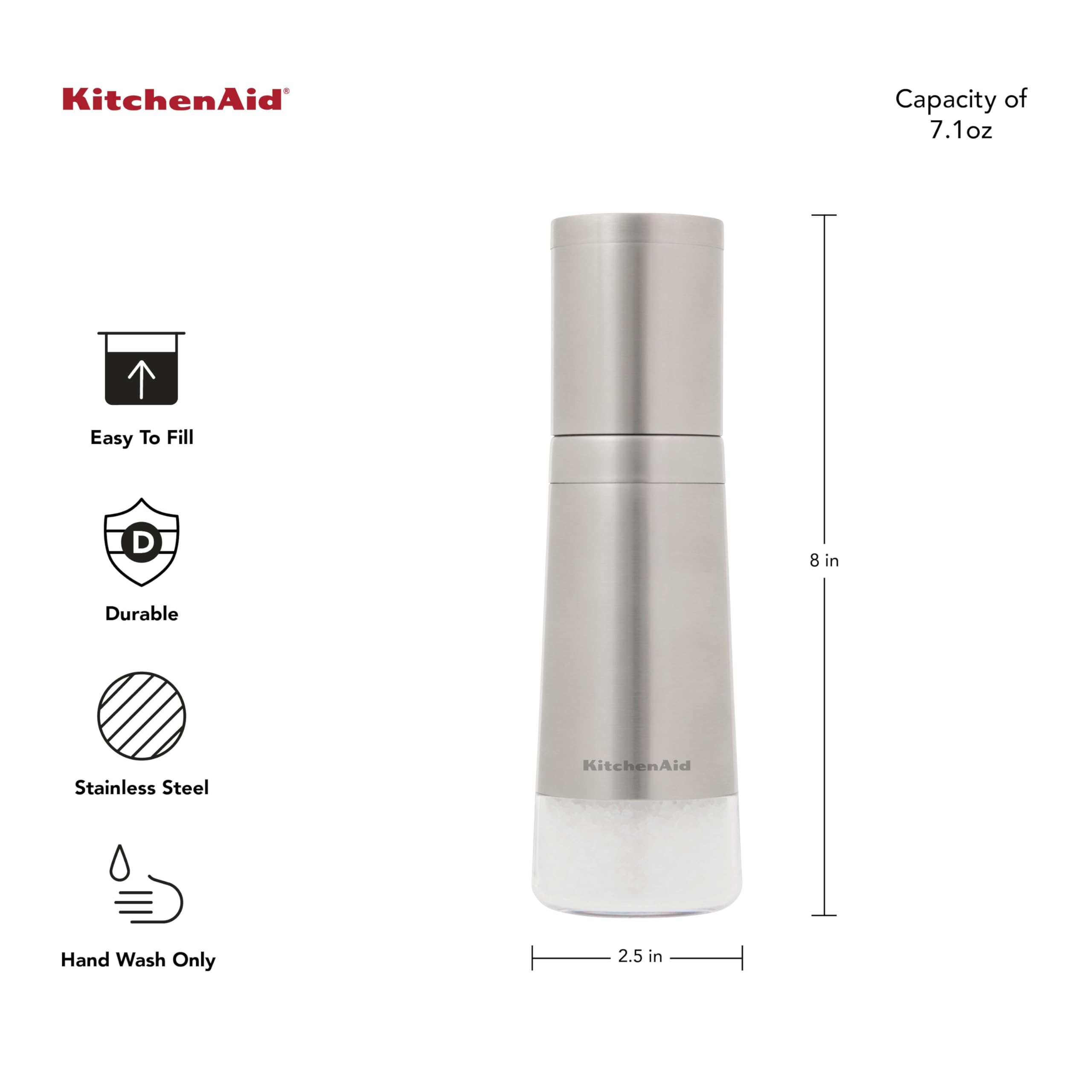 KitchenAid Stainless Steel Filled Salt Grinder, 8 Inch