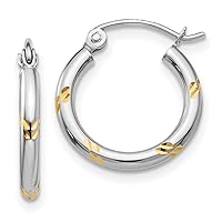 2mm Diamond-Cut Hoop Earrings with Yellow Accents in Real 14k White Gold