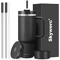 40 oz Tumbler with Handle and Straw, 2 Lids (2 in 1 & LeakProof Lid) - Vacuum Insulated Stainless Steel Double Wall Water Bottle Travel Coffee Mug - Holiday Gifts for Women Men - Black