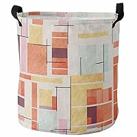 Rustic Geometric Orange Laundry Basket Hamper with Handles, Collapsible Laundry Basket Waterproof Cloth Laundry Hamper Easy Carry Storage Basket Modern Middle Century 13.8x17 In