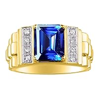 Rylos Men's Rings 14K Yellow Gold Designer Style 10X8MM Emerald Cut Shape Gemstone & Sparkling Diamonds - Color Stone Birthstone Rings for Men, Sizes 8-13. Elegant Mens Jewelry
