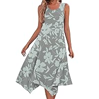Dress Women Casual Casual Dresses for Women Summer Floral Print Bohemian Flowy Swing with Sleeveless Round Neck Tunic Dress Gray Large
