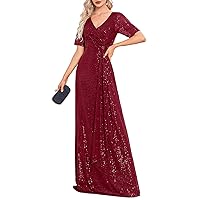 A-Line Elegant Evening Dress Prom Dress Floor Length Short Sleeve V Neck Party Dress Wedding Guest with Sequin 2024