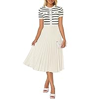 ZESICA Women's Casual Striped Midi Dress Crewneck Short Sleeve Button Ribbed Knit Swing Pleated A Line Dresses,Beige,X-Large