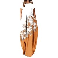 Womens Premium Casual Flower Long Maxi T-Shirt Dress Summer Relaxed Loose Short Sleeves Crewneck Dress with Pockets