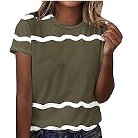 Casual Summer Tops for Women Wavy Striped Print Loose Fit T-Shirts Short Sleeves Crewneck Casual Blouses Tees Shirt