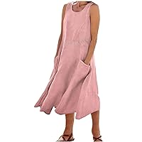 Summer Dresses for Women Plain Sleeveless Sundress Crewneck Loose Tank Dress with Pockets Flowy A Line Midi T Shirt Dress(,)
