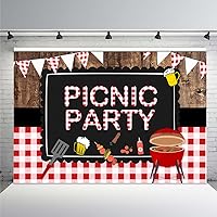 MEHOFOND Picnic Birthday Party Backdrop Baby Shower BBQ Rustic Wood Red Gingham Photography Background Kids Adult Bridal Shower Summer Park Decorations Cake Table Banner Photo Booth Props 7x5ft