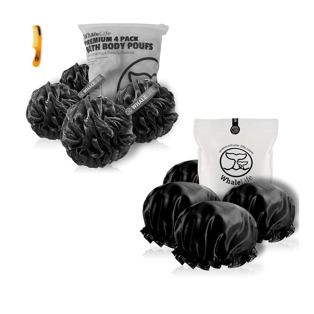 Shower Puffs and Shower Caps 4 Pack Black, Bath Sponge Shower Loofahs Mesh Pouf and Double Large Waterproof Bath Caps for Hair