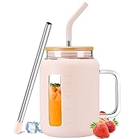 Kodrine 32 oz Mug Tumbler, Glass Tumbler with Handle, Tumbler with Lid and Straw, Water Bottle Jug with Handle, Wide Mouth Water Tumbler for Camping, Travel, Dishwasher Safe BPA Free, Pink