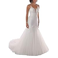 Spaghetti Strap Backless Sequins Bridal Gown Lace Mermaid Wedding Dresses for Bride with Train Long
