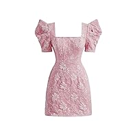 SOLY HUX Women's Floral Square Neck Puff Short Sleeve Mini Dress High Waist Summer Boho Short Dresses
