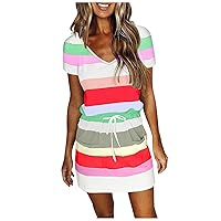 Sundresses for Women 2024 Summer Trendy Striped Drawstring Boho Beach Dress Casual Loose V Neck Mini Dress with Pockets
