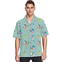 visesunny Hawaiian Shirt for Men Shark with Flamingo Swim Ring Pineapple Short Sleeve Beach Summer Casual Button Down Aloha Shirt Quick Dry