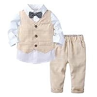 YiZYiF Boys Formal Outfit Suit Long Sleeve Bowtie Shirt+Vest+Pants Gentleman Suit 3Pcs Toddler Boys Pants Clothing Set Beige 9-12 Months