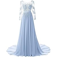 Womens Long Sleeve Lace Applique Prom Dress Chiffon Aline Evening Formal Gown Backless