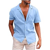 Men's Linen Shirts, Button Down Short Sleeve Beach Tshirt for Men Casual Hawaiian T-Shirt Muscle Fit Dress Shirt