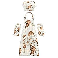 Cute Monkey 3 Pcs Kids Apron Toddler Chef Painting Baking Gardening (with Pockets) Adjustable Artist Apron for Boys Girls-S