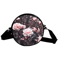 Pink Roses Pattern Circle Shoulder Bags Cell Phone Pouch Crossbody Purse Round Wallet Clutch Bag For Women With Adjustable Strap 7x1.8 in