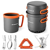 Odoland Camping Pots with Heat Exchanger Camping Cooking Set with Portable Camping Stove Camping Mess Kit Include Mug, Folding Utensil Set, Canister Stabilizer for Backpacking Outdoor Hiking & Picnic