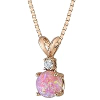 PEORA 14K Rose Gold Created Pink Opal with Genuine Diamond Pendant for Women, Elegant Solitaire, Round Shape, 6.50mm