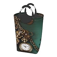 Steampunk Watches Keys and Chains Print Laundry Basket Waterproof Laundry Hamper With Handles Large Dirty Clothes Hamper For Dorm Family Travel