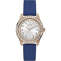 GUESS Ladies Sport Multifunction Baguette Crystal 38mm Watch – Rose Gold-Tone Stainless Steel Case White Dial with Blue Silicone Strap