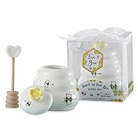 Sweet as Can Bee Ceramic Mini Honey Pot with Wooden Honey Dipper (3.4 oz) Honey Jar, Bee Decor, White/Yellow (23261WT)