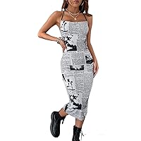 Fall Dresses for Women 2023 Newspaper Print Backless Bodycon Dress Dresses for Women (Color : Black and White, Size : Large)