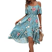 Dresses for Women 2024 Short Sleeve Floral Pattern Cold Shoulder Ruffle Hem Dress for Summer Vacation Long Maxi Fashion Dress