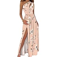 Summer Women One Shoulder Floral Print Maxi Dress Girls High Slit Long Dresses Asymmetric Party Dresses