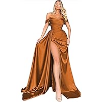 Women's Off Shoulder Mermaid Prom Dresses Long with Slit Pleates Wrap Satin Formal Evening Gowns