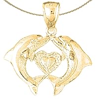14K Yellow Gold Dolphins With Heart Pendant with 18