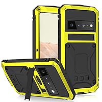 Google Pixel 6 Pro Metal Bumper Silicone Case with Stand Hybrid Military Shockproof Heavy Duty Rugged case Built-in Screen Protector Cover for Google Pixel 6 Pro (Yellow)