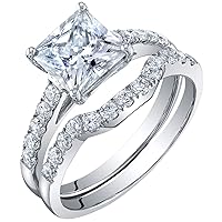 PEORA Moissanite Princess Cut Engagement Ring and Wedding Band Bridal Set in Sterling Silver, 2 Carat Center, DE Color, VVS Clarity, Sizes 4 to 10